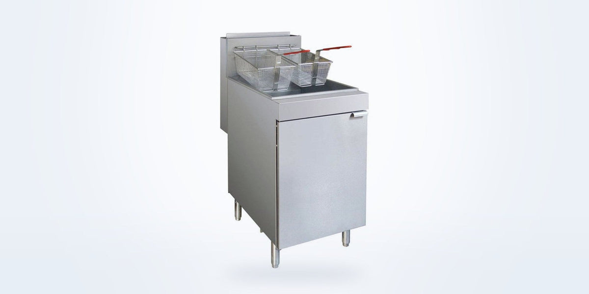 Freestanding stainless steel gas tube fryer with two fry baskets