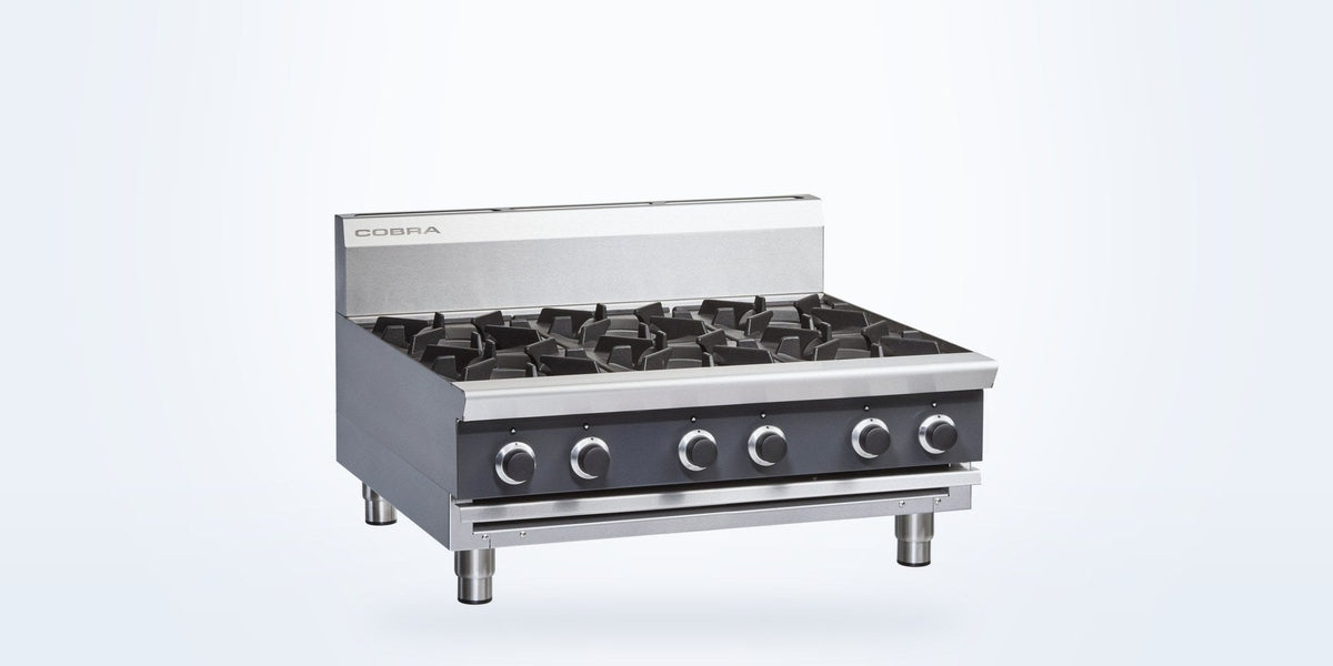 Cobra six burner commercial gas cooktop, bench model, in stainless steel