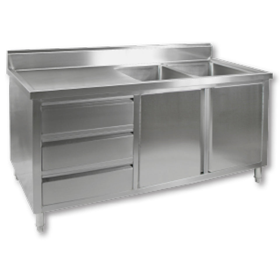 Modular Systems Stainless Steel Kitchen Tidy Cabinet with Double Sinks 1800 to 2400mm - DSC - Right Side / 1800(W) x 700(D) x 1050(H)mm
