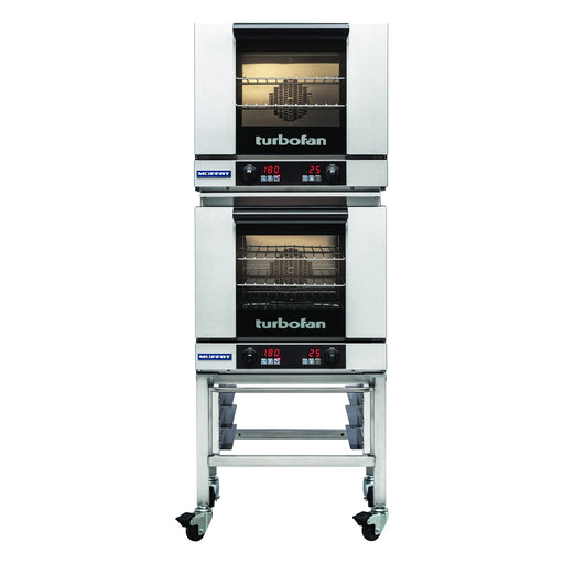 Turbofan Half Size Tray Digital Electric Convection Ovens Double Stacked on a Stainless Steel Base Stand - E23D3/2
