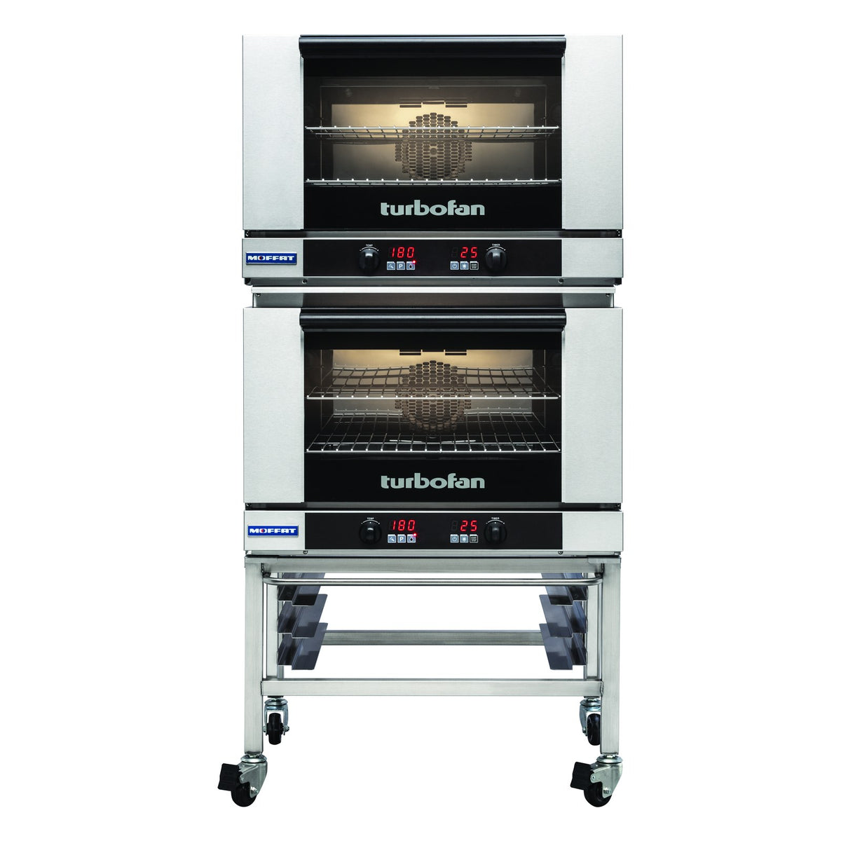 Turbofan Full Size Tray Digital Electric Convection Ovens Double Stacked on a Stainless Steel Base Stand - E27D2/2