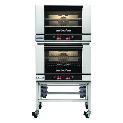 Turbofan Full Size Tray Digital Electric Convection Ovens Double Stacked on a Stainless Steel Base Stand - E27D2/2C