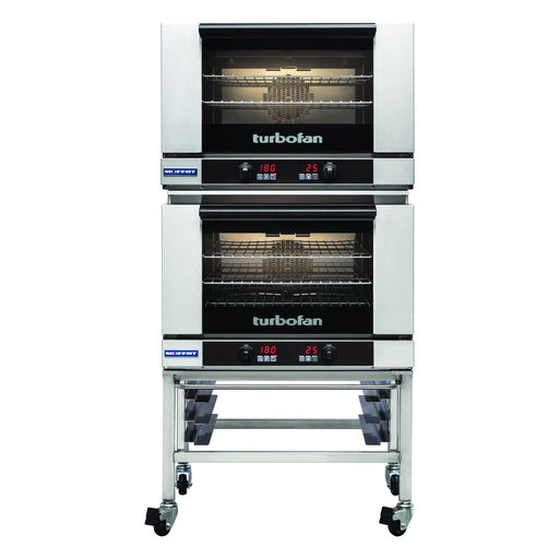 Turbofan Full Size Tray Digital Electric Convection Ovens Double Stacked on a Stainless Steel Base Stand - E27D3/2