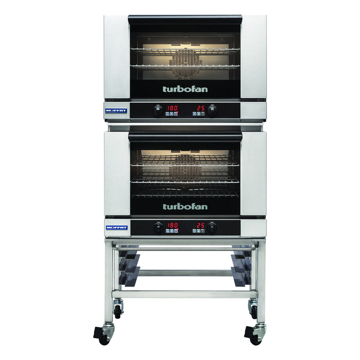 Turbofan Full Size Tray Digital Electric Convection Ovens Double Stacked on a Stainless Steel Base Stand - E27D3/2