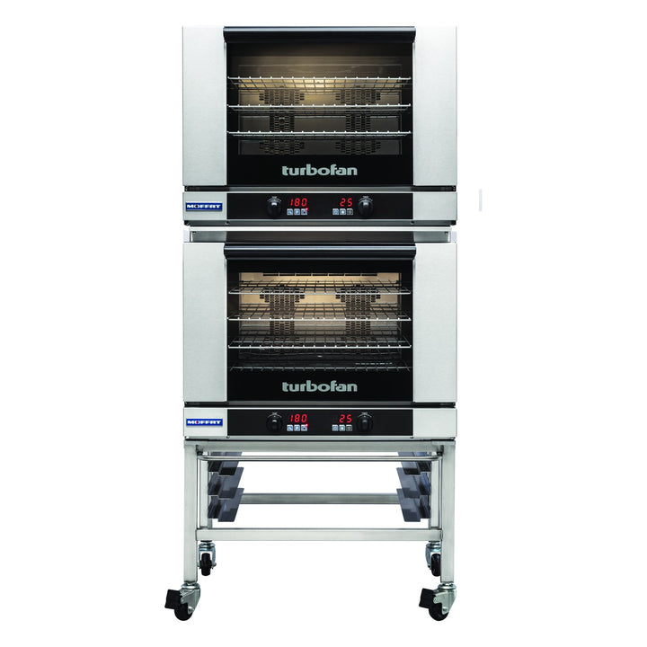 Turbofan Full Size Tray Digital Electric Convection Ovens Double Stacked on a Stainless Steel Base Stand - E28D4/2C