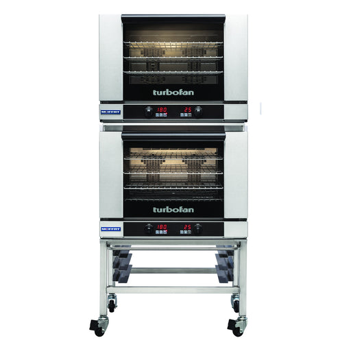 Turbofan Full Size Electric Convection Ovens Touch Screen Control Double Stacked on a Stainless Steel Base Stand - E28T4/2C
