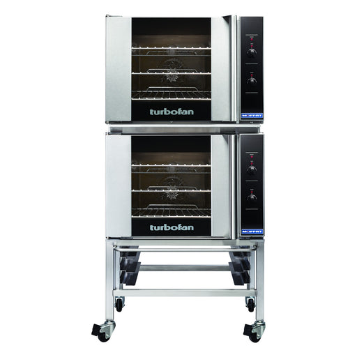Turbofan Double Stacked - GN 1/1 Manual / Electric Convection Ovens Double Stacked on a Stainless Steel Base Stand - E30M3/2