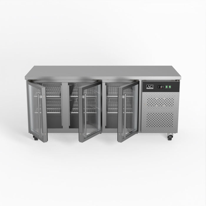 AG Three Door Commercial Glass Door Worktop / Under Bench Display Fridge 700mm Depth 417L - GNX3100TNG
