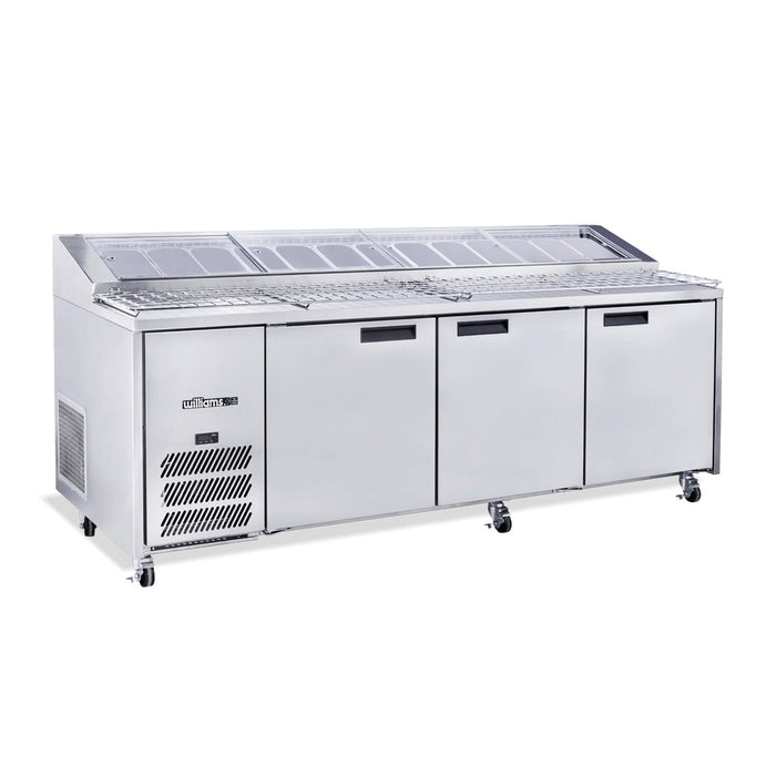 Williams Jade Pizza - Three Door Stainless Steel Pizza Prep Counter Fridge With Blown Air Well - HJ3PCBASS