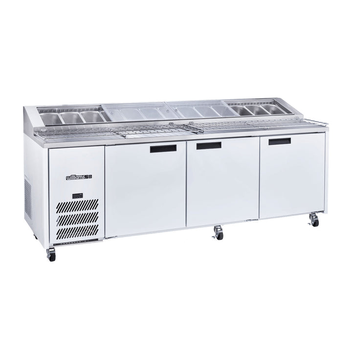 Williams Jade Pizza - Three Door White Pizza Prep Counter Fridge With Blown Air Well - HJ3PCBA