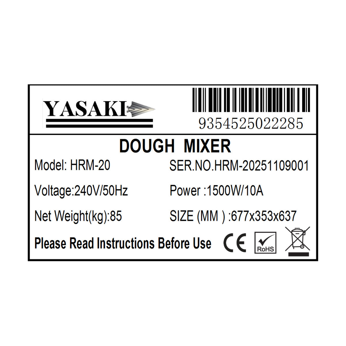 Yasaki Tilting Head Dough Mixer - HRM-20