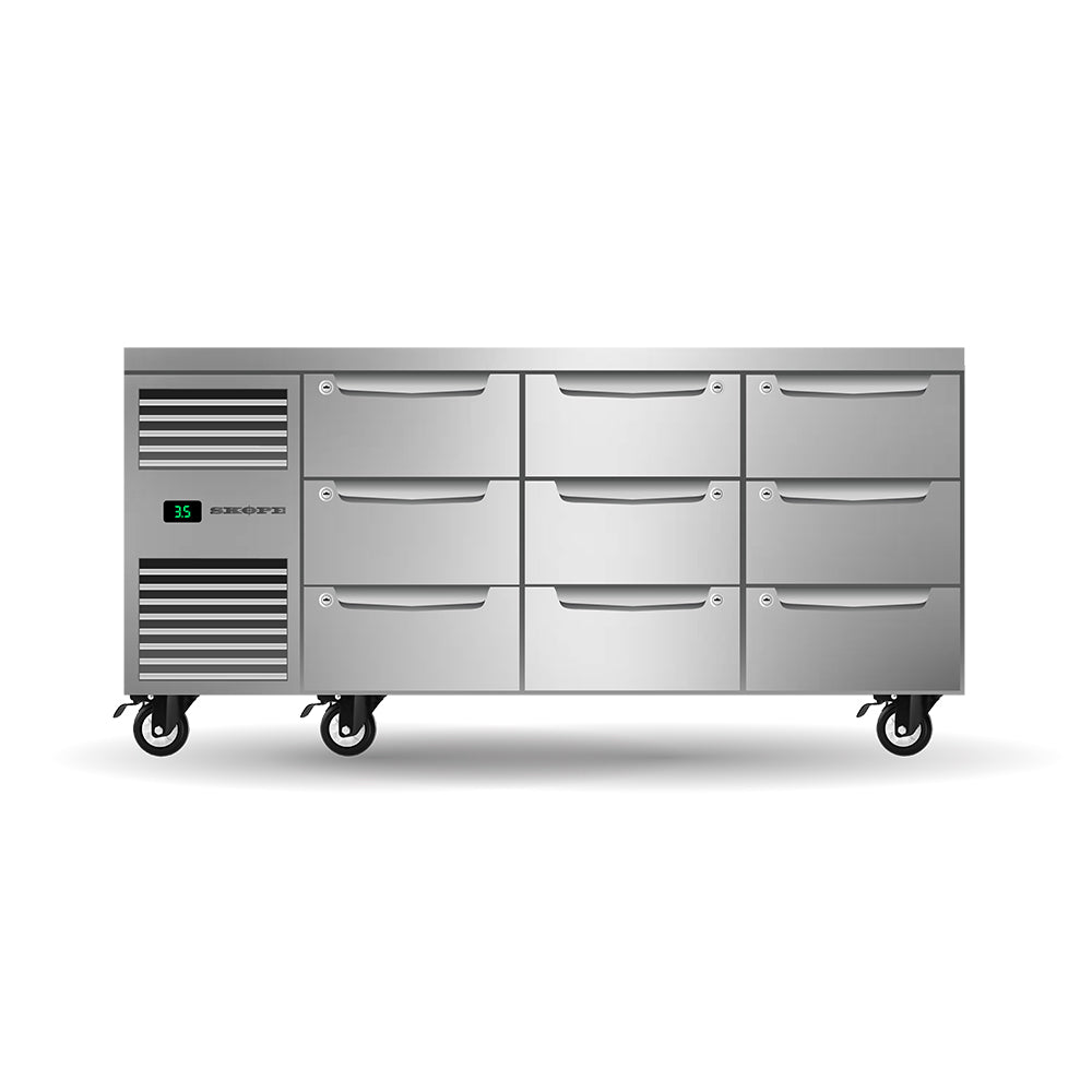 SKOPE ProSpec Nine Drawer, Three Bay, Underbench GN 1/1 Fridge 288L - PG11.UBR.3.D9 - Left