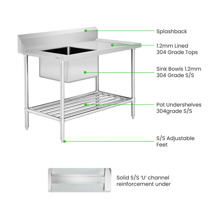 Modular Systems Stainless Steel Left Inlet Single Sink Dishwasher Bench 1200mm - SSBD7-1200L/A
