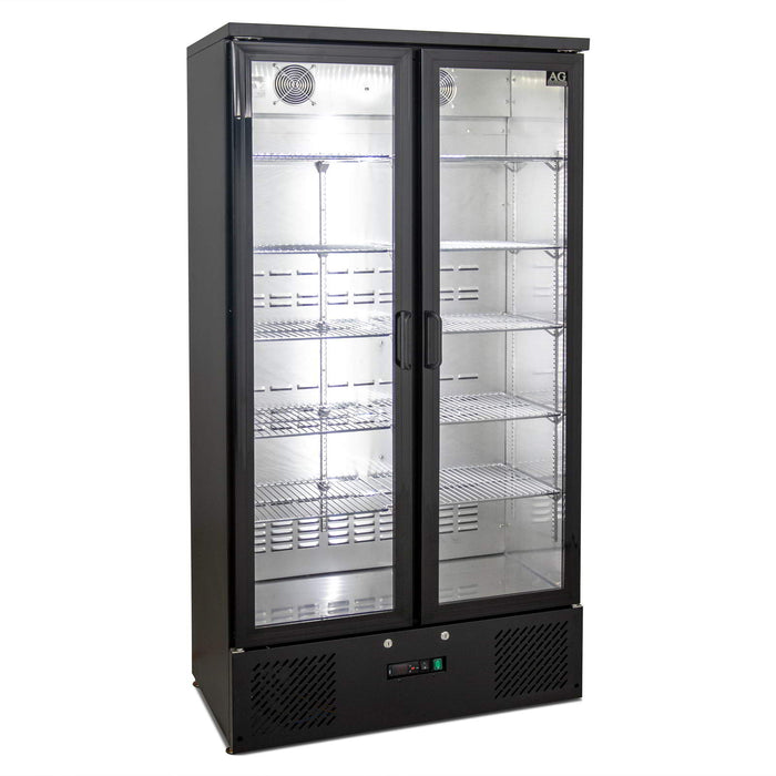 AG Upright Double Glass Door Display / Backbar Fridge - Black 477L - B500G