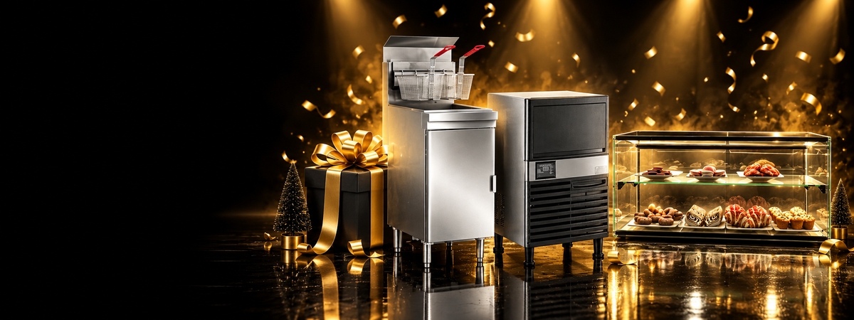 A commercial fryer, an under bench ice maker and a lit pastry display cabinet on a black stage with gold ribbons and a wrapped gift