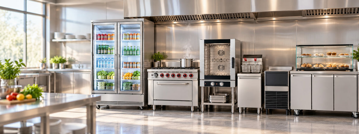 A bright commercial kitchen with a glass door fridge, a gas range, a combi oven, a fryer, an ice maker and a pastry display on an under-bench fridge