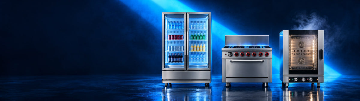 A glass door drinks fridge, a six-burner gas range and a combi oven on a glossy floor under a blue light beam