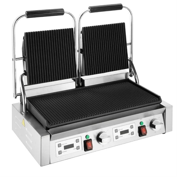 Apuro Double Contact Grill Ribbed Plates with Timer - CU611-A