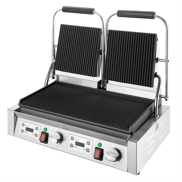 Apuro Double Contact Grill Ribbed Plates with Timer - CU611-A