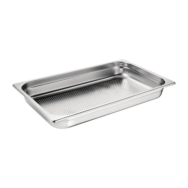 Vogue Perforated Stainless Steel Gastronorm Tray 1/1 (65 to 100mm Depths) - Depth: 65mm | Capacity: 7.4L | Code: DN701