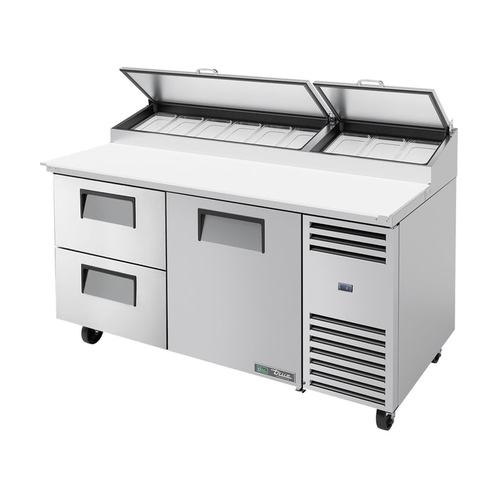 True Refrigeration Pizza Prep Table - 9x 1/3 Top Pans - 2 Drawers + 1 Solid Swing Door - TPP-AT-67D-2-HC