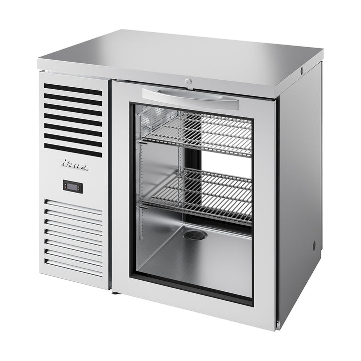 True Refrigeration "Pass-Thru" Bar Refrigerator - Stainless Steel Ext - 1 Glass Swing Door Front - 1 Glass Swing Door Rear - TBR36-PTSZ1-L-S-G-G-2