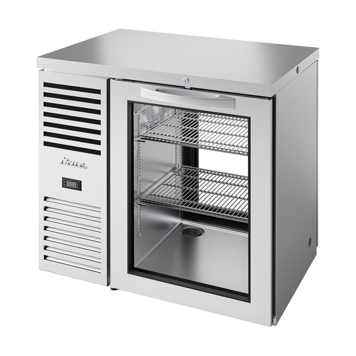 True Refrigeration "Pass-Thru" Bar Refrigerator - Stainless Steel Ext - 1 Glass Swing Door Front - 1 Glass Swing Door Rear - TBR36-PTSZ1-L-S-G-G-2