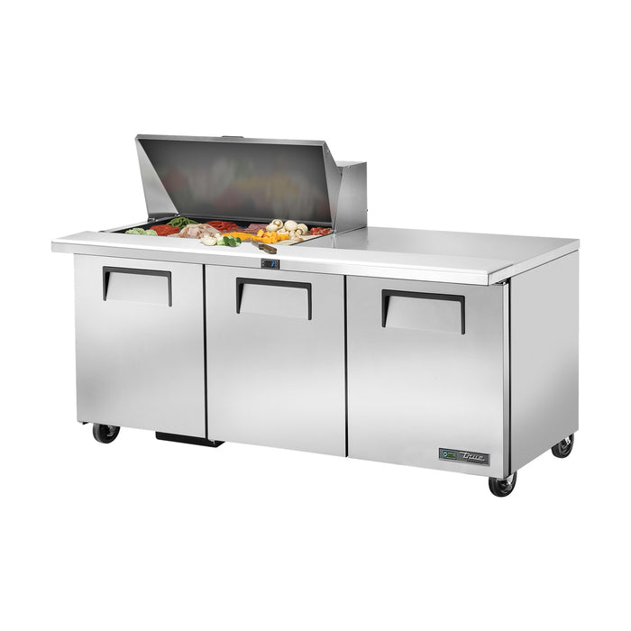True Refrigeration Prep Table - 15x 1/6 Top Pans - 3 Solid Swing Doors - TSSU-72-15M-B-HC