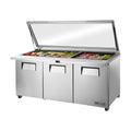 True Refrigeration Glass Lid Prep Table - 30x 1/6 Top Pans - 3 Solid Swing Doors - TSSU-72-30M-B-ST-FGLID-HC