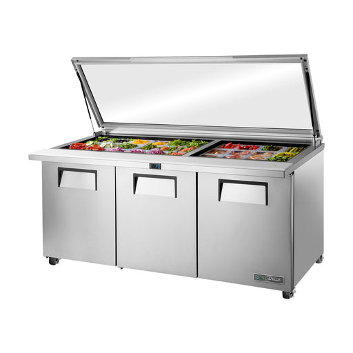 True Refrigeration Glass Lid Prep Table - 30x 1/6 Top Pans - 3 Solid Swing Doors - TSSU-72-30M-B-ST-FGLID-HC