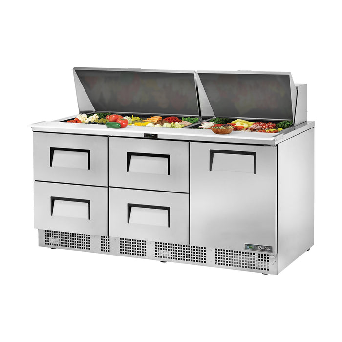 True Refrigeration Prep Table - 30x 1/6 Top Pans - 4 Drawers + 1 Solid Swing Door - TFP-72-30M-D-4-HC