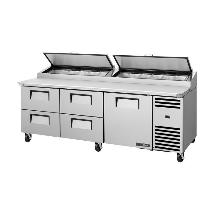 True Refrigeration Pizza Prep Table - 12x 1/3 Top Pans - 4 Drawers + 1 Solid Swing Door - TPP-AT2-93D-4-HC