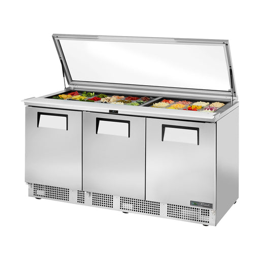 True Refrigeration Glass Lid Prep Table - 30x 1/6 Top Pans - 3 Solid Swing Doors - TFP-72-30M-FGLID-HC