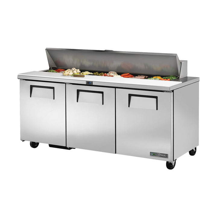 True Refrigeration Prep Table - 18x 1/6 Top Pans - 3 Solid Swing Doors - TSSU-72-18-HC