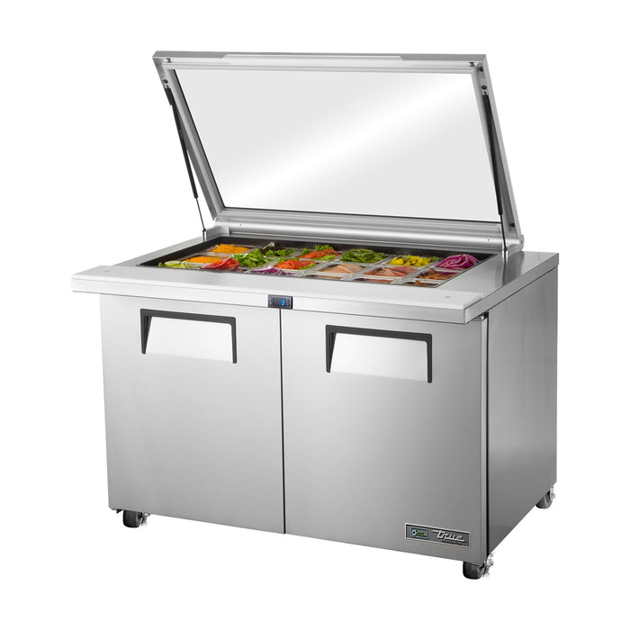 True Refrigeration Glass Lid Prep Table - 18x 1/6 Top Pans - 2 Solid Swing Doors - TSSU-48-18M-B-FGLID-HC