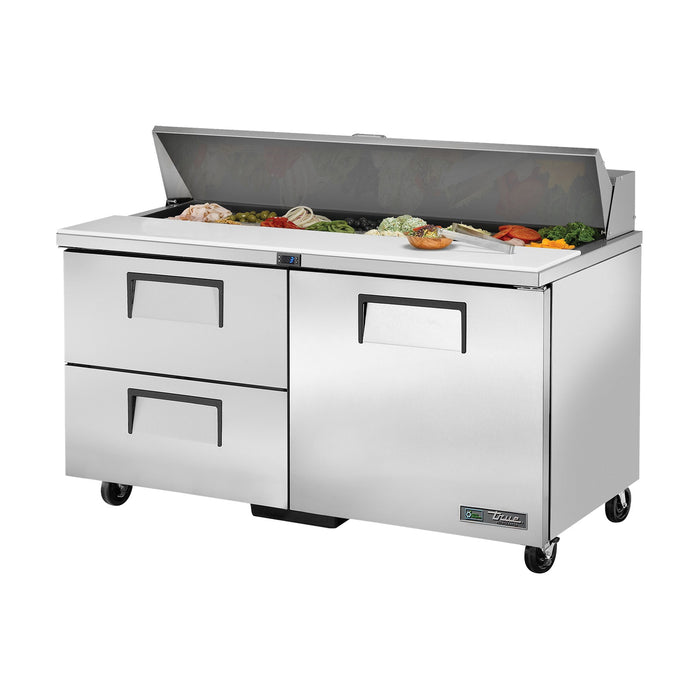 True Refrigeration Prep Table - 16x 1/6 Top Pans - 2 Drawers + 1 Solid Swing Door - TSSU-60-16D-2-HC