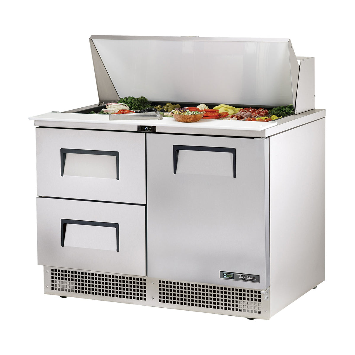 True Refrigeration Prep Table - 18x 1/6 Top Pans - 2 Drawers + 1 Solid Swing Door - TFP-48-18M-D-2-HC