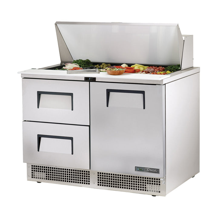 True Refrigeration Prep Table - 18x 1/6 Top Pans - 2 Drawers + 1 Solid Swing Door - TFP-48-18M-D-2-HC