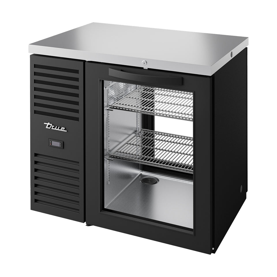 True Refrigeration "Pass-Thru" Bar Refrigerator - Black Ext - 1 Glass Swing Door Front - 1 Glass Swing Door Rear - TBR36-PTSZ1-L-B-G-G-2