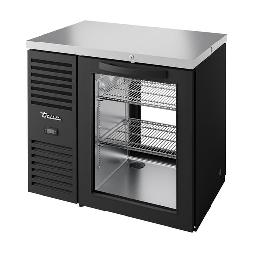 True Refrigeration "Pass-Thru" Bar Refrigerator - Black Ext - 1 Glass Swing Door Front - 1 Glass Swing Door Rear - TBR36-PTSZ1-L-B-G-G-2