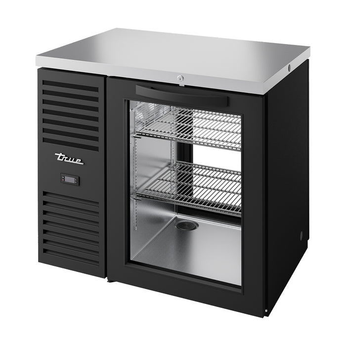 True Refrigeration "Pass-Thru" Bar Refrigerator - Black Ext - 1 Glass Swing Door Front - 1 Glass Swing Door Rear - TBR36-PTSZ1-L-B-G-G-2