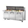 True Refrigeration Prep Table - 30x 1/6 Top Pans - 3 Solid Swing Doors - TSSU-72-30M-B-ST-HC