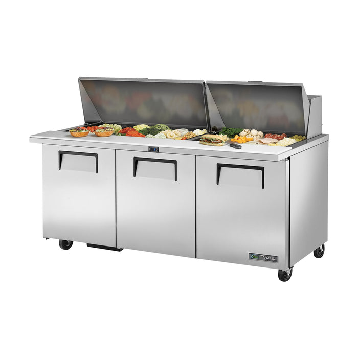True Refrigeration Prep Table - 30x 1/6 Top Pans - 3 Solid Swing Doors - TSSU-72-30M-B-ST-HC