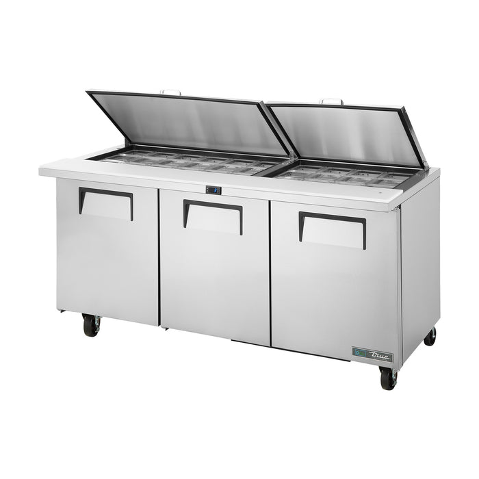 True Refrigeration Prep Table - 30x 1/6 Top Pans - 3 Solid Swing Doors - Removable lids - TSSU-72-30M-B-ST-HC FLID