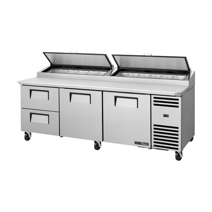 True Refrigeration Pizza Prep Table - 12x 1/3 Top Pans - 2 Drawers + 2 Solid Swing Doors - TPP-AT2-93D-2-HC