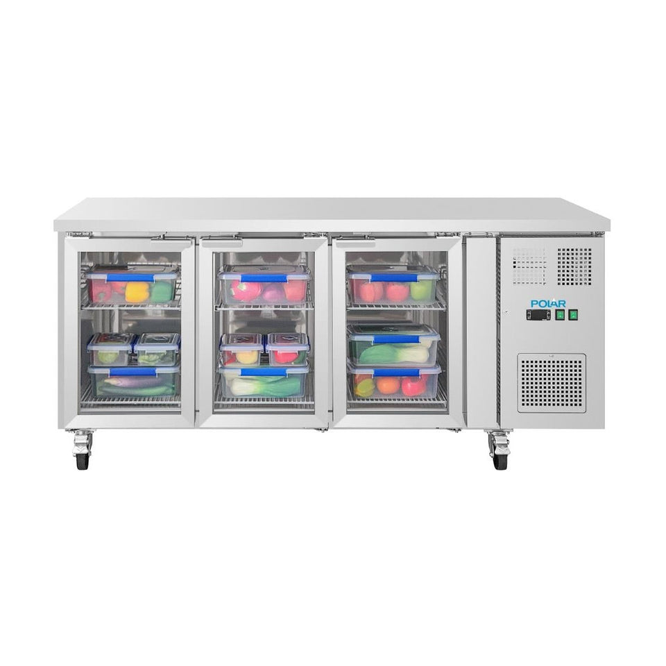 Polar U-Series Three Door Counter Fridge with Glass Doors 465Ltr - UA069-A