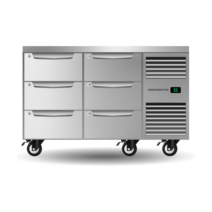 SKOPE ProSpec Six Drawer, Two Bay, Underbench GN 1/1 Right Hand Fridge 288L - PG11.UBR.2.D6.RH