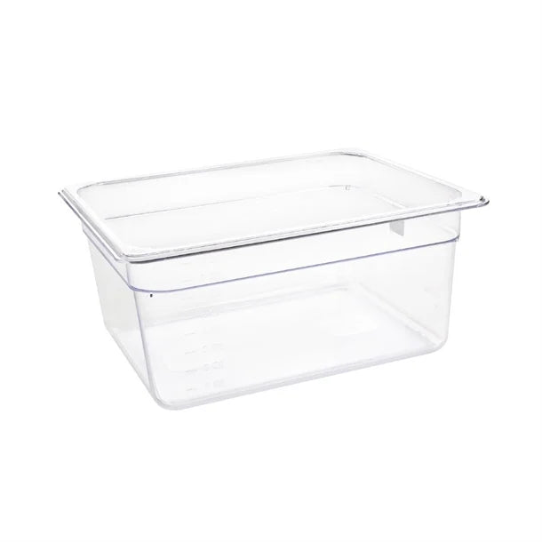 Vogue Clear Polycarbonate Gastronorm Tray 1/2 (65 to 200mm Depths) - Depth: 150mm | Capacity: 9L | Code: U230