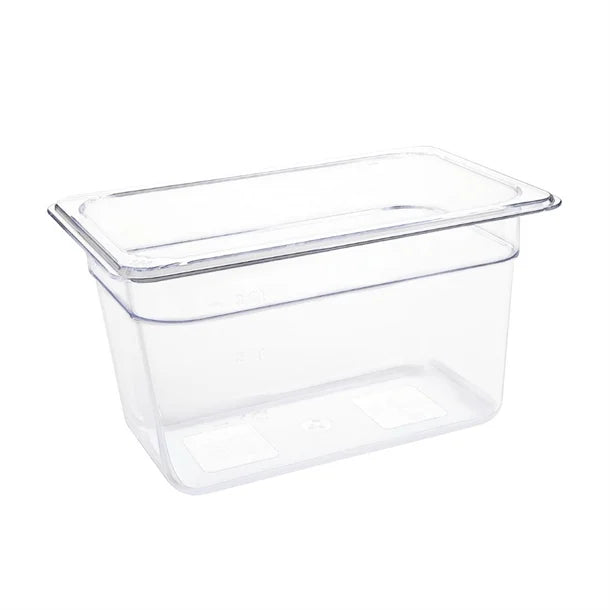 Vogue Clear Polycarbonate Gastronorm Tray 1/4 (65 to 150mm Depths) - Depth: 150mm | Capacity: 4L | Code: U238