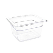 Vogue Clear Polycarbonate Gastronorm Tray 1/6 (65 to 150mm Depths) - Depth: 100mm | Capacity: 1.6L | Code: U240